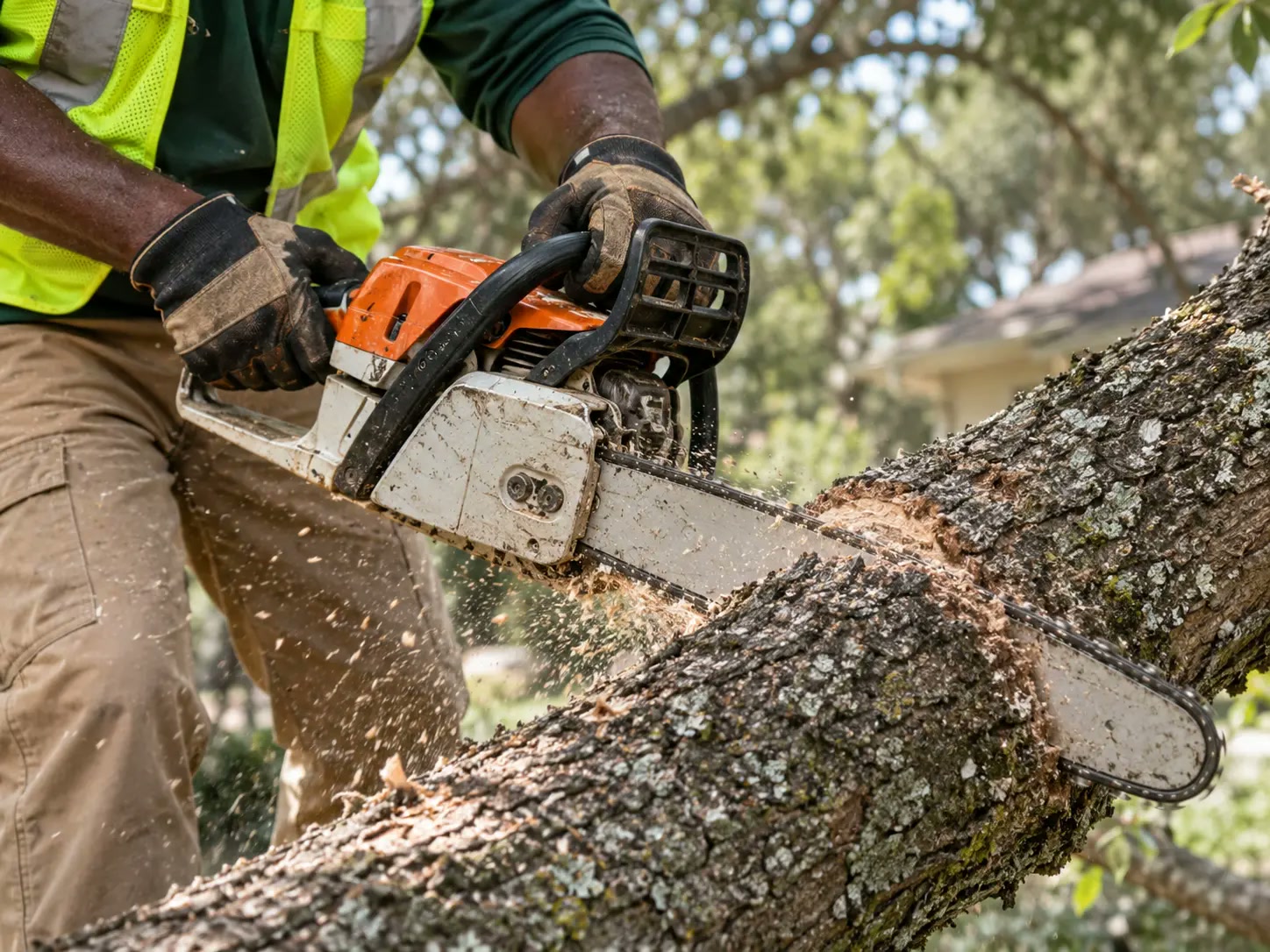 Arborist in a bucket lift sawing a tree branch