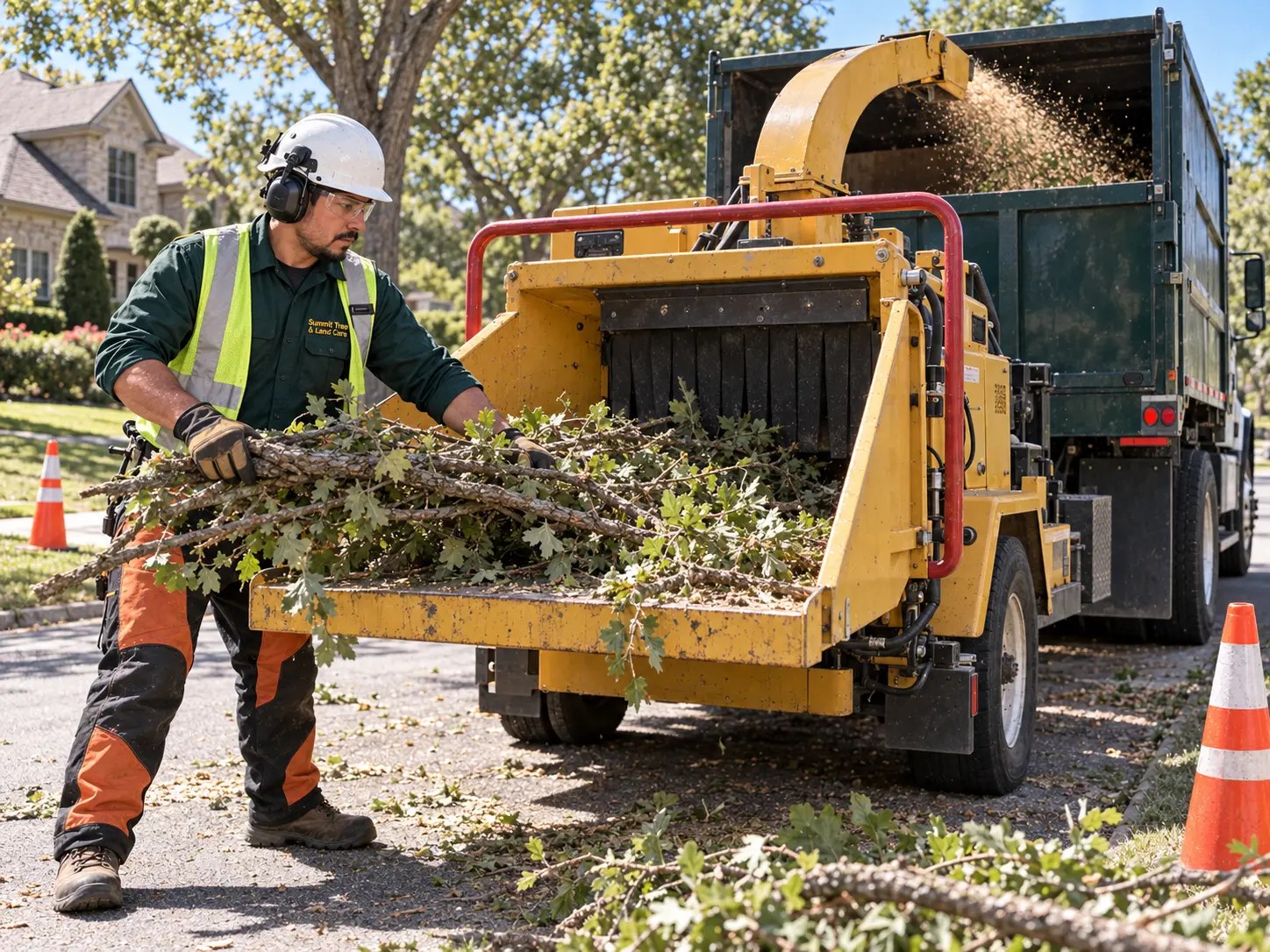 Tree service crew member feeding branches into a wood chipper on a residential street