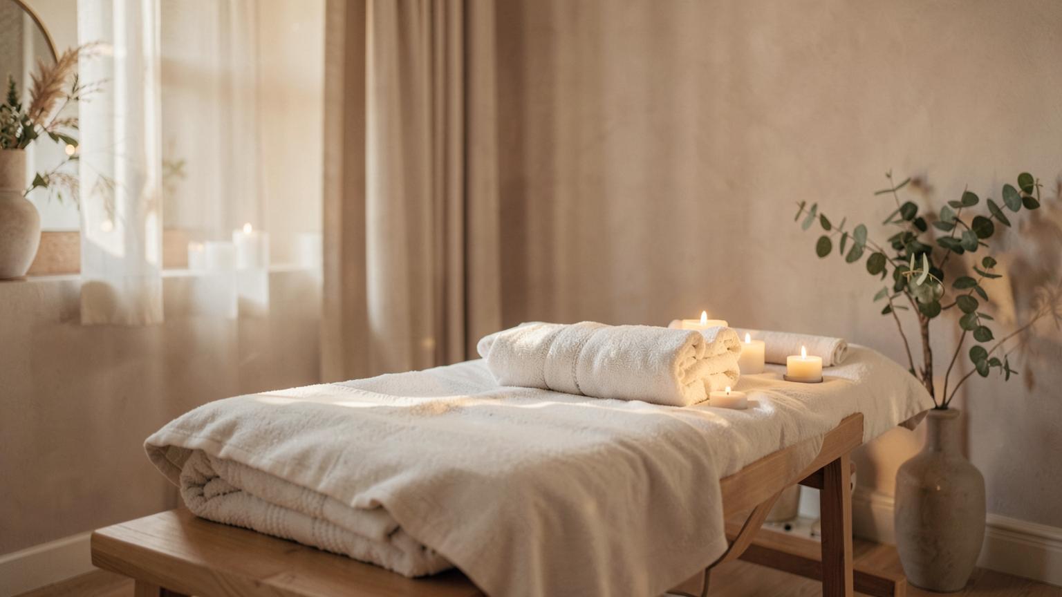 Serene spa treatment room with massage table, towels and candles