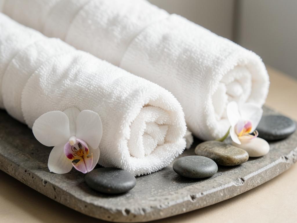 Rolled spa towels with orchid and stones on a stone tray